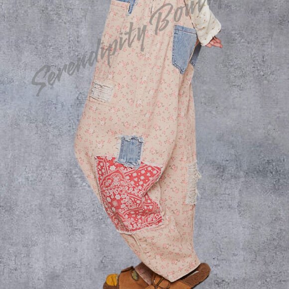 POL Farmers Suspender Overalls Wide Leg Floral Patchwork Denim Bib Overalls - Picture 4 of 11